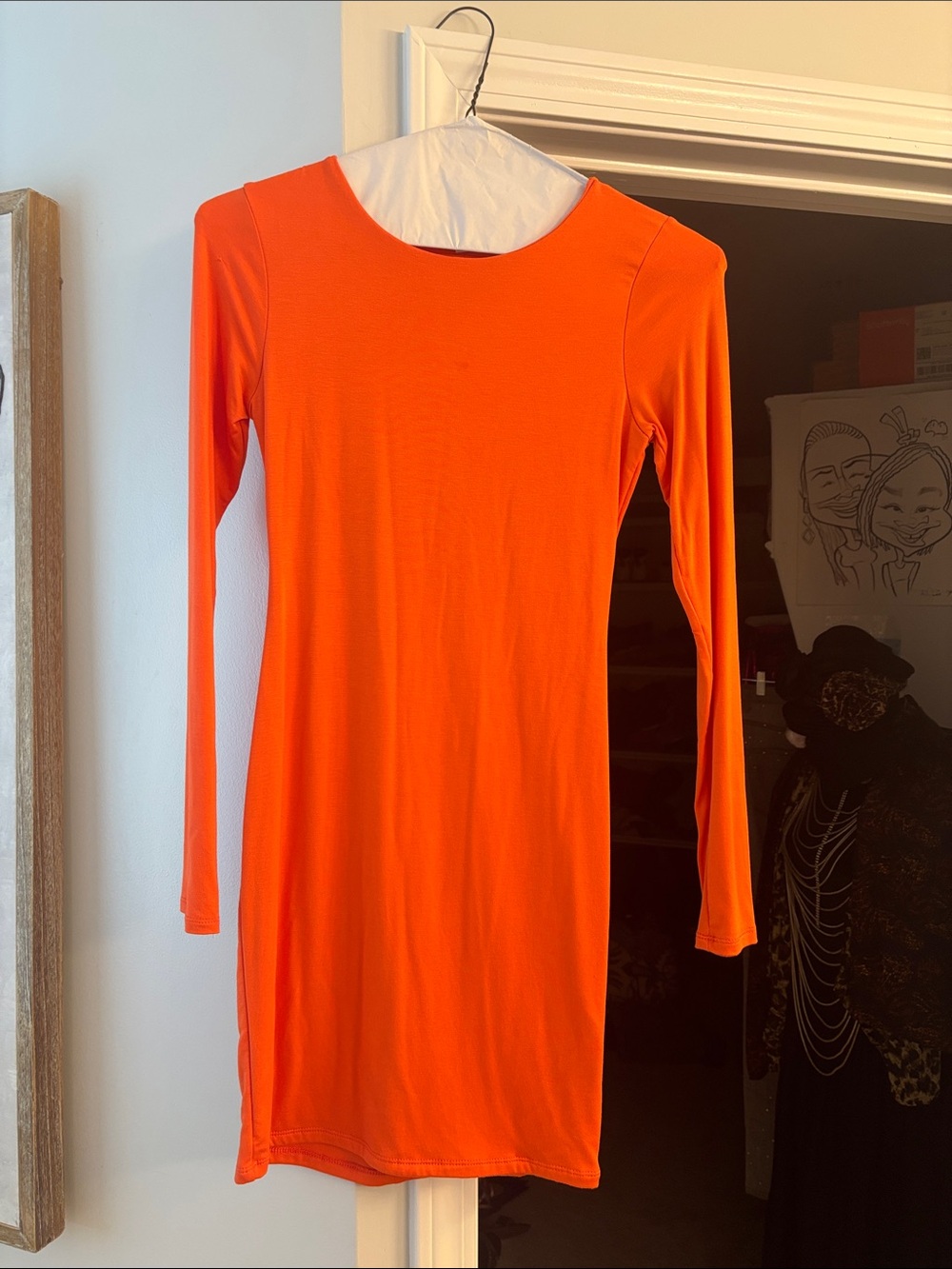 Fashion Nova Bright Orange Long Sleeve Bodycon Midi Dress
